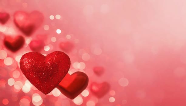 Valentine's day background with red hearts and bokeh lights. AI generated