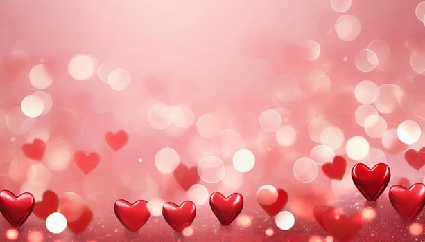 Valentine's day background with red hearts and bokeh lights. AI generated