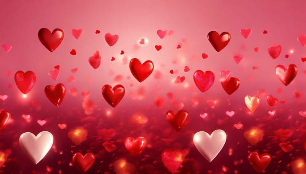Valentine's day background with red hearts and bokeh lights. AI generated