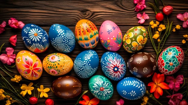 Happy Easter.Colorful hand painted decorated Easter eggs. Handmade Easter craft. DIY Festive traditional symbols. AI generated