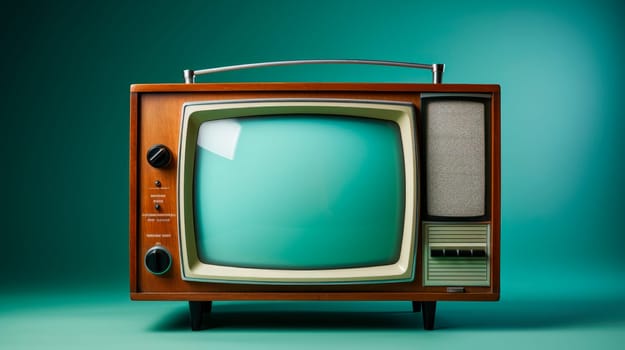 Retro old TV receiver on a blue background. Vintage tv with wooden case. AI generated