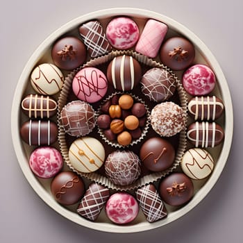 Romantic Valentine's day gift. Chocolate pralines. Luxury chocolate candy box. Delicious dessert. Elegant Valentine's Day chocolate Gifts for someone special. Premium chocolate candy. Generative AI.