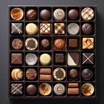 Romantic Valentine's day gift. Chocolate pralines. Luxury chocolate candy box. Delicious dessert. Elegant Valentine's Day chocolate Gifts for someone special. Premium chocolate candy. Generative AI.