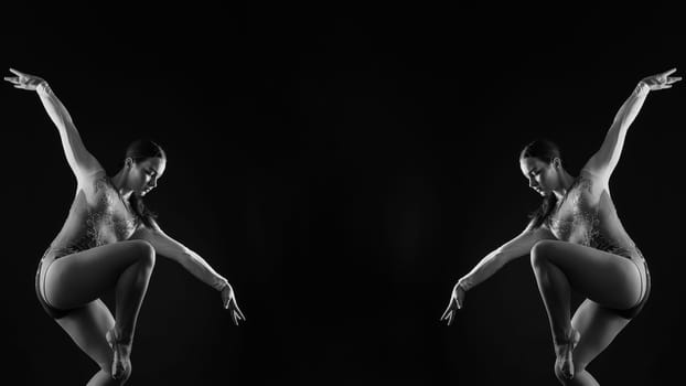 Beautiful plump brown-haired woman in black bodysuit in studio. Caucasian dancehall dancer posing