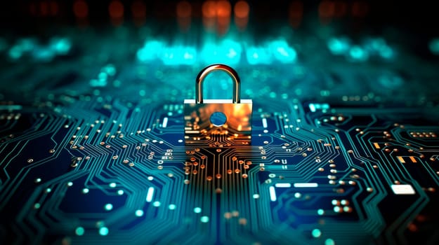 Internet digital security technology concept for business background. Padlock on circuit board. Global online security, data processing, digital interface and connections. AI generated