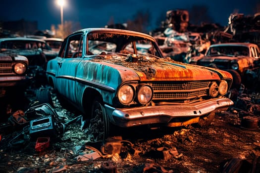 Pile of old damaged rusty cars on the junk yard waiting for recycling. Old abandoned vehicles, crushed cars in scrapyard, needed to be utilised and reused to protect nature and environment, metal recycling concept.AI generated