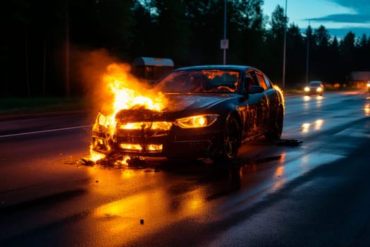 A fire on the road where the car burns after accident. A car is on fire on the side of the road. AI generated