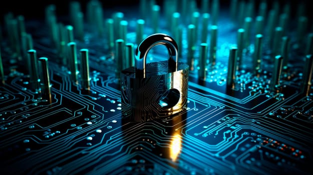 Internet digital security technology concept for business background. Padlock on circuit board. Global online security, data processing, digital interface and connections. AI generated