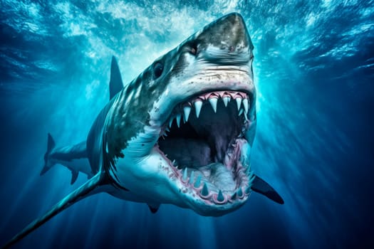 Great white shark attack the camera underwater in the depths of the ocean. Great white shark with open mouth. Watch out sharks. Marine dangerous predator. AI generated
