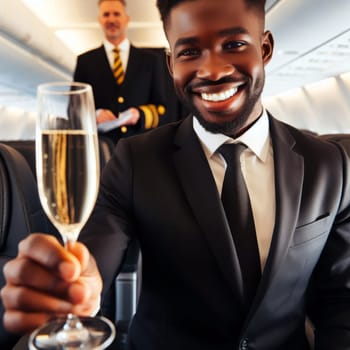 flight attendant offering champagne as you board in first class generative ai