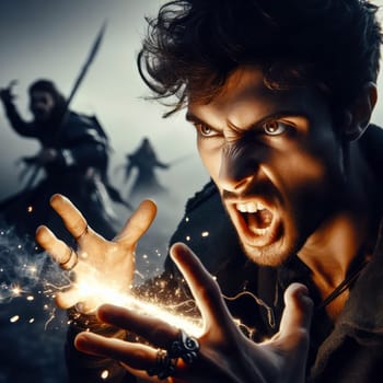 angry wizard casting a spell in the middle of battle generativ ai
