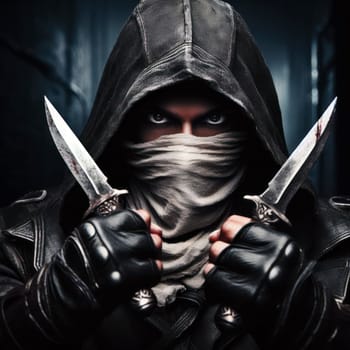 fantasy dark robed ninja assassin with sharp knives generative ai