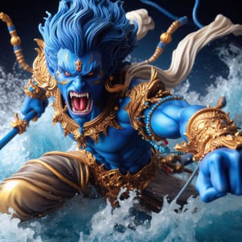 blue skinned fantasy warrior in battle in the ocean generative ai