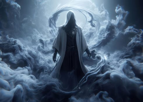 mysterious masked wizard amongst swirling smoke and fog generative ai