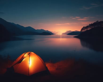 camping in the tent at night by the lake under a beautiful starry sky generative ai
