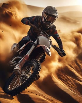 action closeup of motocross rider on sand track with dirt flying and spraying generative ai