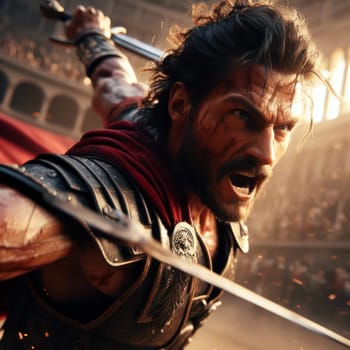closeup of a roman gladiator fighting in battle with a sword generative ai