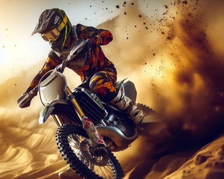 action closeup of motocross rider on sand track with dirt flying and spraying generative ai