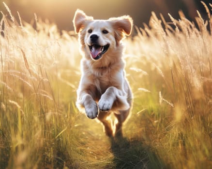 happy dog running and bounding through a field on a beautiful day generative ai