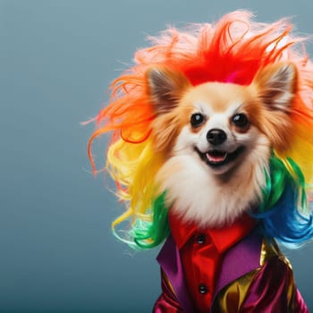 studio style shot of dog dressed in brightly coloured flamboyant clothing  for poster or advertisement generative ai