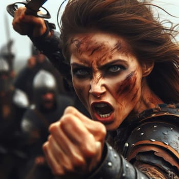 closeup of a strong female warrior enraged and in battle with a sword generative ai