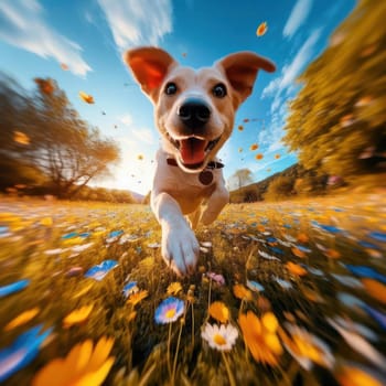 happy dog running and bounding through a field of wildflowers on a beautiful day generative ai