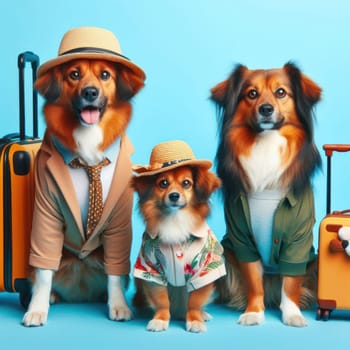 studio style shot of dog family fashionably dressed and ready to travel for poster or advertisement generative ai