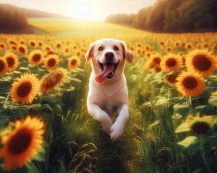 happy dog running and bounding through a field of sunflowers on a beautiful day generative ai