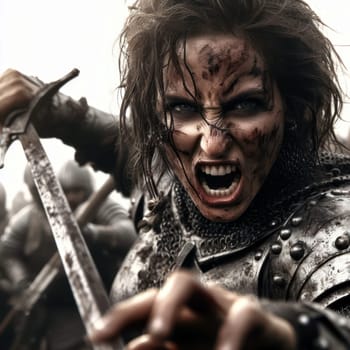 closeup of a strong female warrior enraged and in battle with a sword generative ai