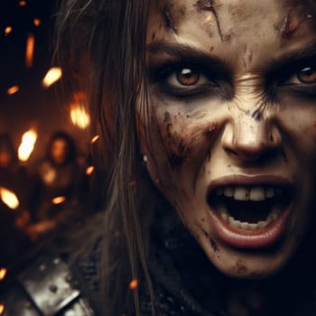 closeup of a strong female warrior enraged and in battle generative ai