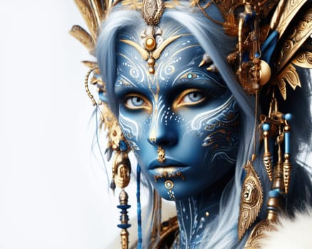 fantasy blue skinned alien woman with facial markings and gold headress and ornaments generative ai