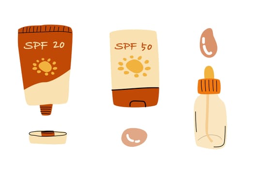 set of cosmetic sunblock products with spf protection. Vector illustration isolated. Deodorant, moisturize, hand and body creams in brown and yellow colors.