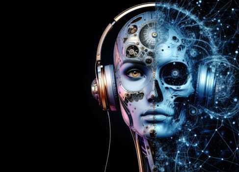 artistic digital illustration of a high tech futuristic ethereal nueral network robotic orgasm with headphones generative ai