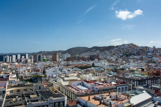 Panoramic top view of the capital Las Palmas Gran Canaria in Spain with blue sky