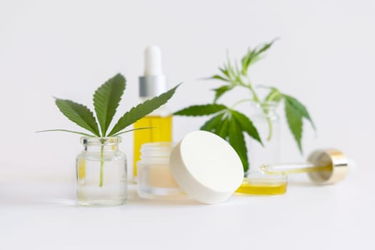 Cream jar and pipette with CBD oil near green cannabis leaves closeup on white. Organic skincare and healthcare products. Alternative medicine concept