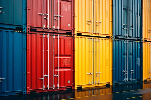 Shipping containers lined up. Logistics of international container cargo shipping in container yard.Freight transportation, International global shipping.AI generated