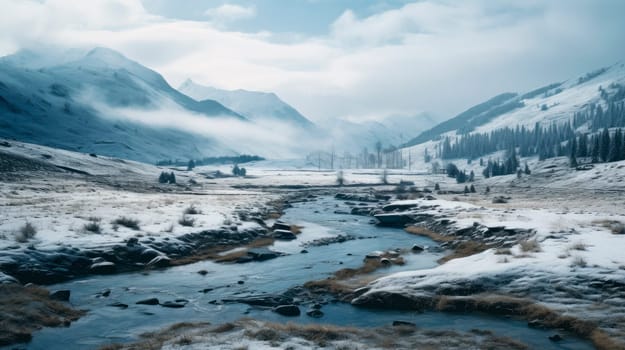 Winter in the valley. Fast non-freezing mountain river on a frosty day against the background of the snow-capped mountains. AI generated