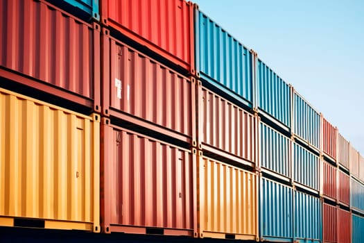 Shipping containers lined up. Logistics of international container cargo shipping in container yard.Freight transportation, International global shipping.AI generated
