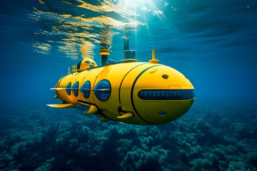 Small yellow submarine on the dive. Submarine explore underwater life.AI generated