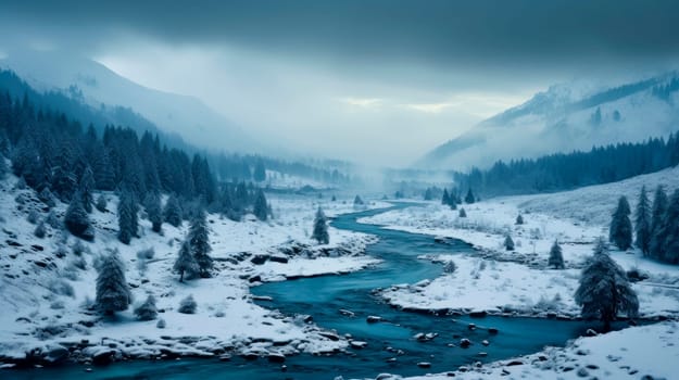 Winter in the valley. Fast non-freezing mountain river on a frosty day against the background of the snow-capped mountains. AI generated