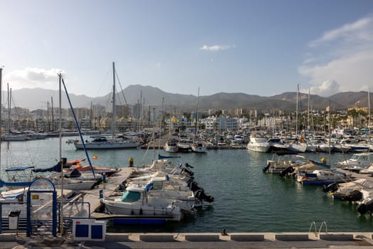 Benalmadena, Spain - September 15, 2023: Boats and yachts moored at Puerto Marina in Benalmadena, Costa del Sol Malaga, Spain. This marina has berths for 1100 boat