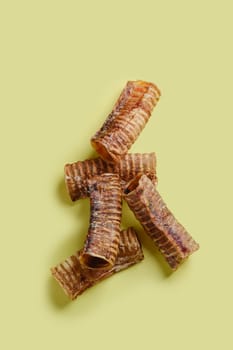 Top view of dehydrated organic beef products for dogs - trachea or cow throat
