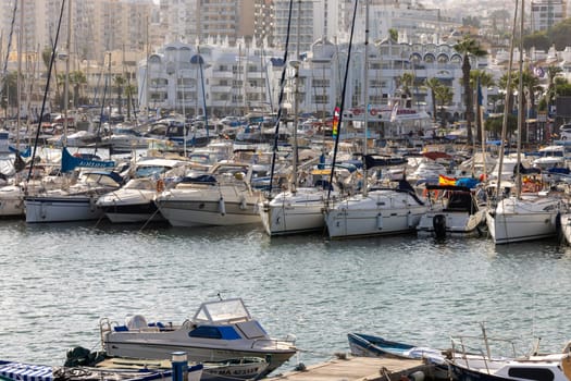 Benalmadena, Spain - September 15, 2023: Boats and yachts moored at Puerto Marina in Benalmadena, Costa del Sol Malaga, Spain. This marina has berths for 1100 boat