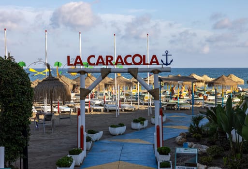 Torremolinos, Spain - September 9, 2023: View of  La caracola beach in Torremolinos, Malaga, Costa del Sol, Spain