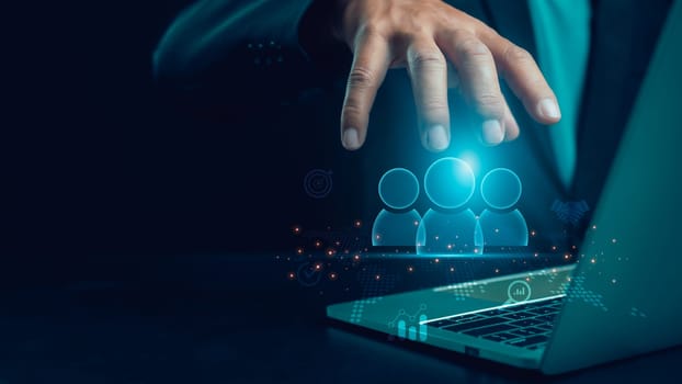 Businessman hold global structure customer network technology, Customer Relationship Management, customer service, social media. digital marketing online, Data exchanges development.