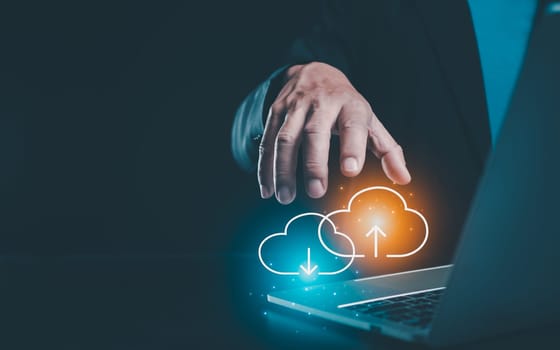 Human uses laptop for download and backup by digital cloud network technology, Cloud computing storage technology, Data storage platform, Business networking and internet service concept.