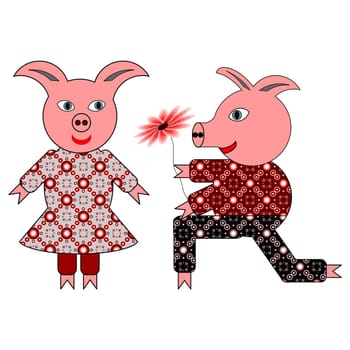 One pig presents another a beautiful flower. A vector-art illustration on a white background