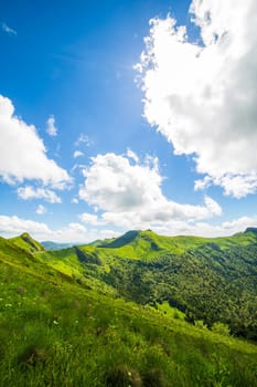 Vertical view of volcanic mountains (Puy Mary, Massif Central, France). Photography taken in France