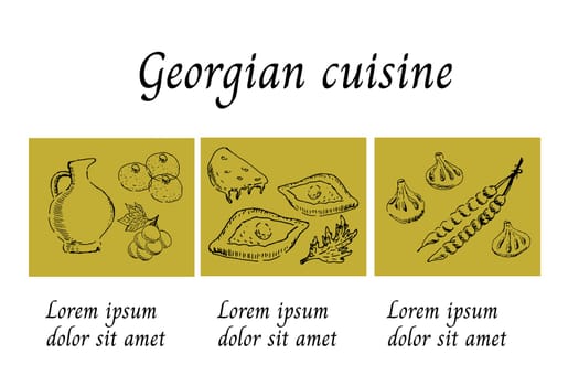 hand drawn banner for georgian cuisine cafe or restaurant. Vector illustration in sketch. Template for web site, lending page in vintage style.