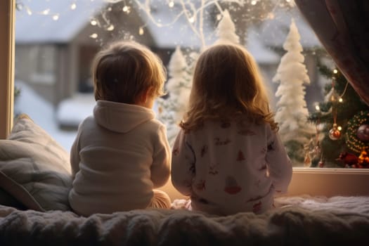 Christmas time. Children sitting by window waiting for first snow. Kids looking at Christmas tree and snowman outside. Christmas Eve. The Star of Bethlehem. Waiting for Santa Claus. Christmas holiday. Silent night. Winter holiday